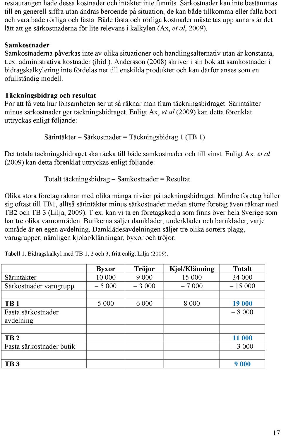 Både fasta och rörliga kostnader måste tas upp annars är det lätt att ge särkostnaderna för lite relevans i kalkylen (Ax, et al, 2009).