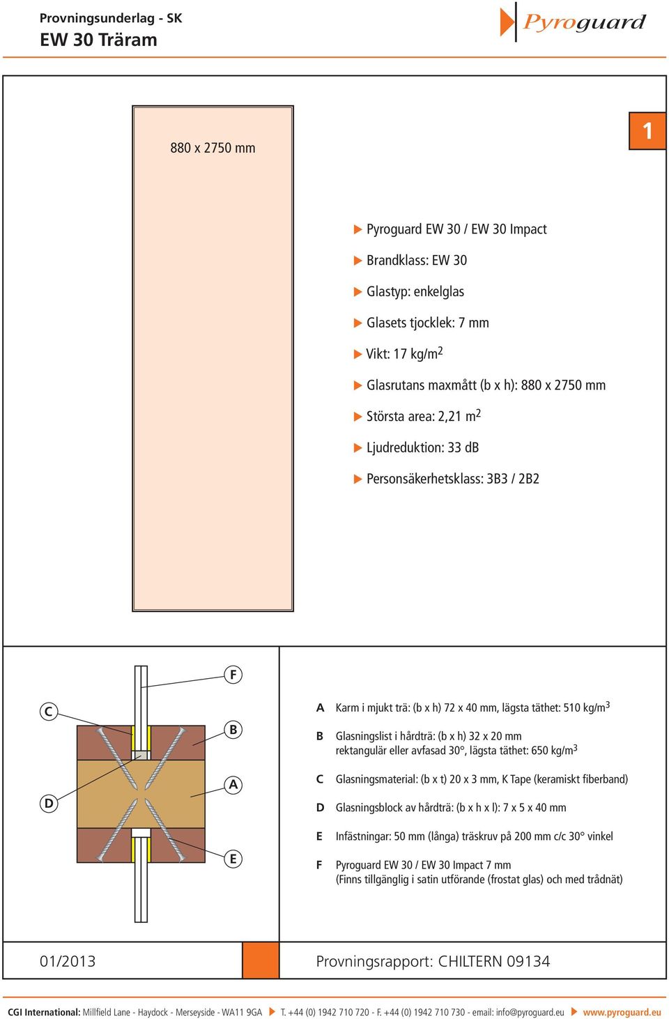 täthet: 650 kg/m 3 Glasningsmaterial: (b x t) 20 x 3 mm, K Tape (keramiskt fiberband) Glasningsblock av hårdträ: (b x h x l): 7 x 5 x 40 mm Infästningar: 50 mm (långa) träskruv på 200 mm c/c 30