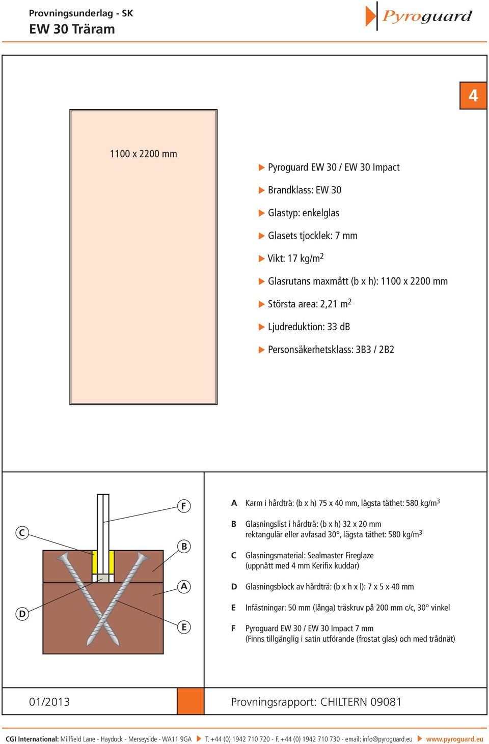 täthet: 580 kg/m 3 Glasningsmaterial: Sealmaster ireglaze (uppnått med 4 mm Kerifix kuddar) Glasningsblock av hårdträ: (b x h x l): 7 x 5 x 40 mm Infästningar: 50 mm (långa) träskruv på 200 mm c/c,