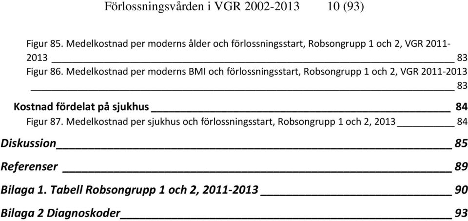 Medelkostnad per moderns BMI och förlossningsstart, Robsongrupp 1 och 2, VGR 2011-2013 83 Kostnad fördelat på