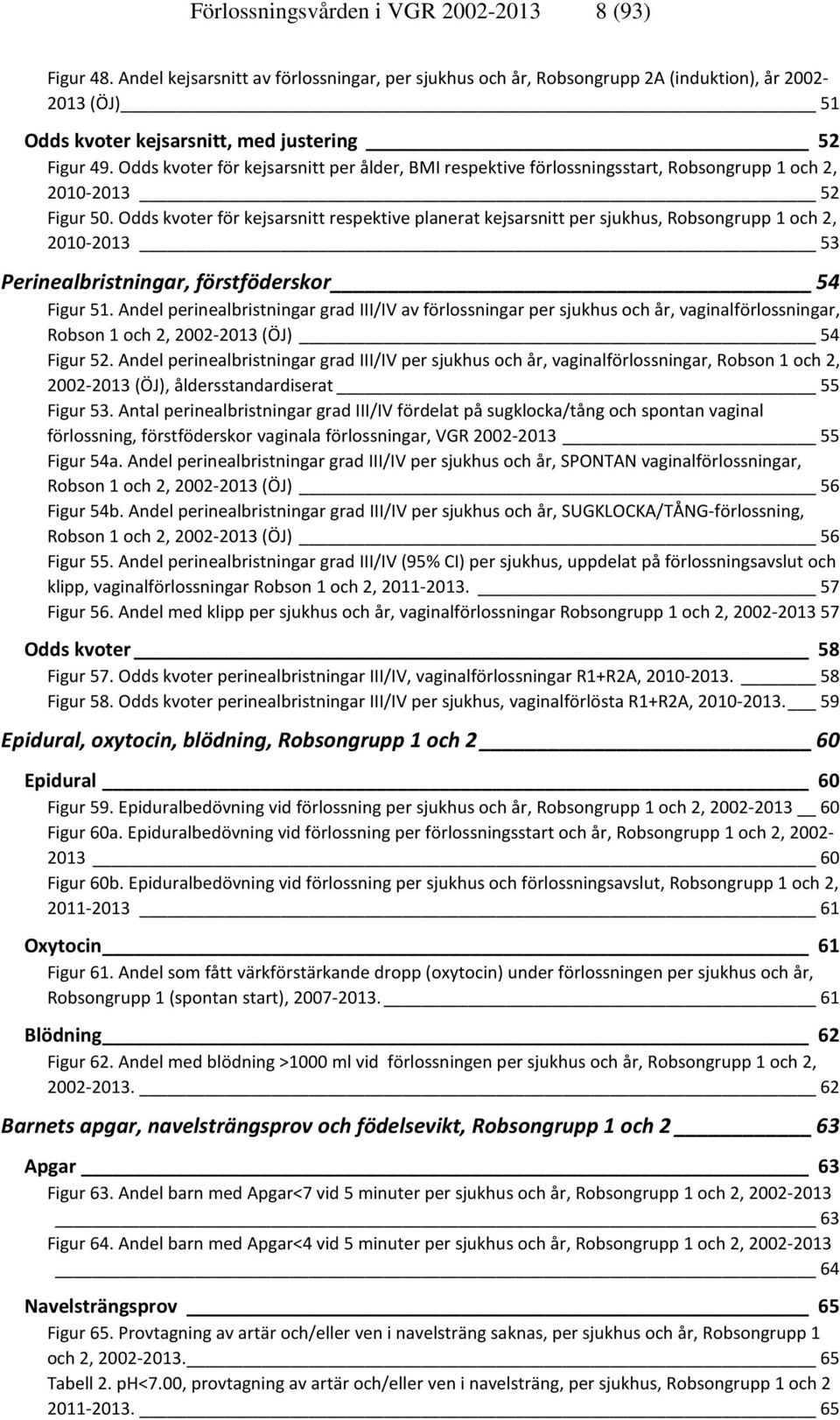 Odds kvoter för kejsarsnitt per ålder, BMI respektive förlossningsstart, Robsongrupp 1 och 2, 2010-2013 52 Figur 50.