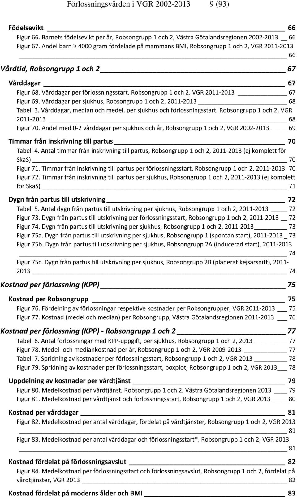 Vårddagar per förlossningsstart, Robsongrupp 1 och 2, VGR 2011-2013 67 Figur 69. Vårddagar per sjukhus, Robsongrupp 1 och 2, 2011-2013 68 Tabell 3.