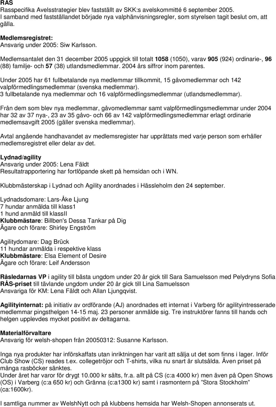 2004 års siffror inom parentes. Under 2005 har 61 fullbetalande nya medlemmar tillkommit, 15 gåvomedlemmar och 142 valpförmedlingsmedlemmar (svenska medlemmar).