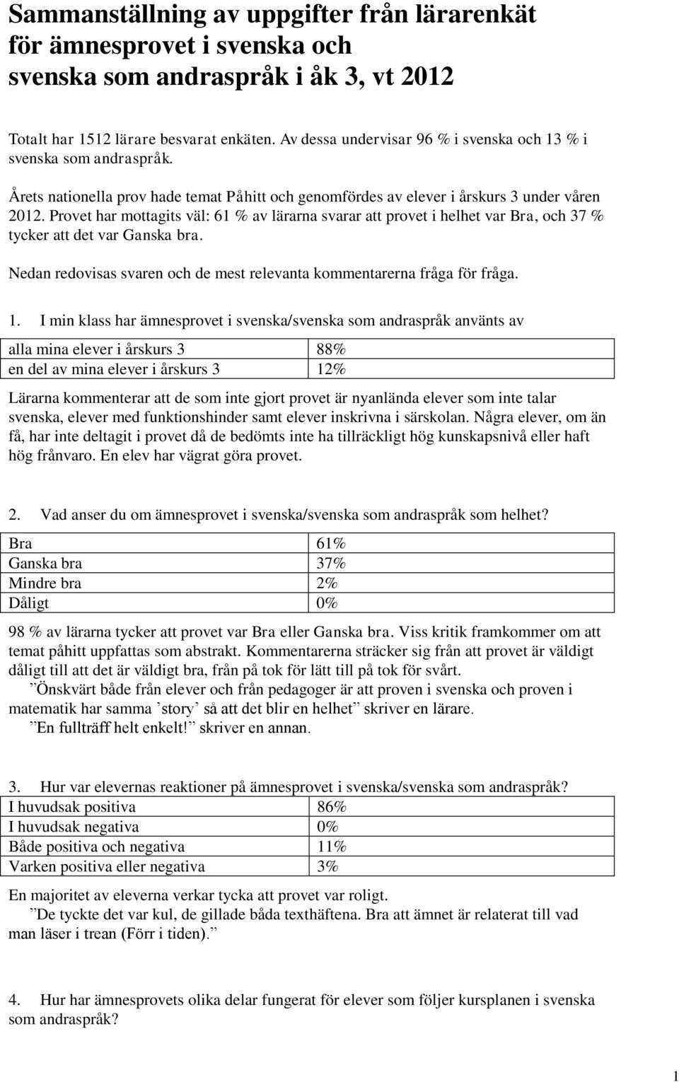 Provet har mottagits väl: 61 % av lärarna svarar att provet i helhet var Bra, och 37 % tycker att det var Ganska bra. Nedan redovisas svaren och de mest relevanta kommentarerna fråga för fråga. 1.