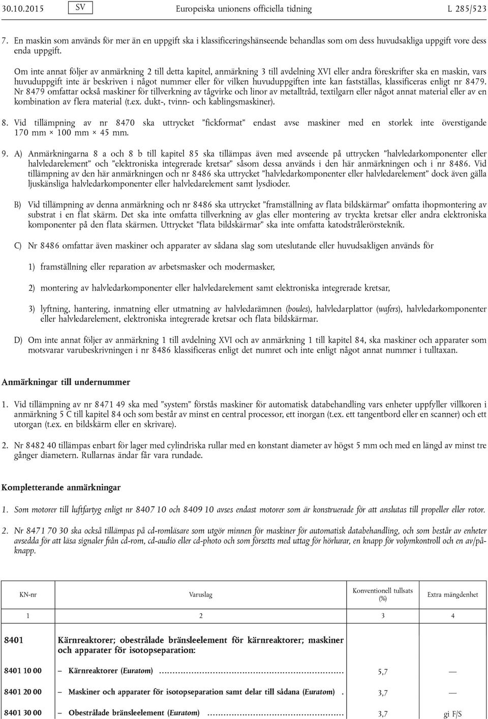 Om inte annat följer av anmärkning 2 till detta kapitel, anmärkning 3 till avdelning XVI eller andra föreskrifter ska en maskin, vars huvuduppgift inte är beskriven i något nummer eller för vilken