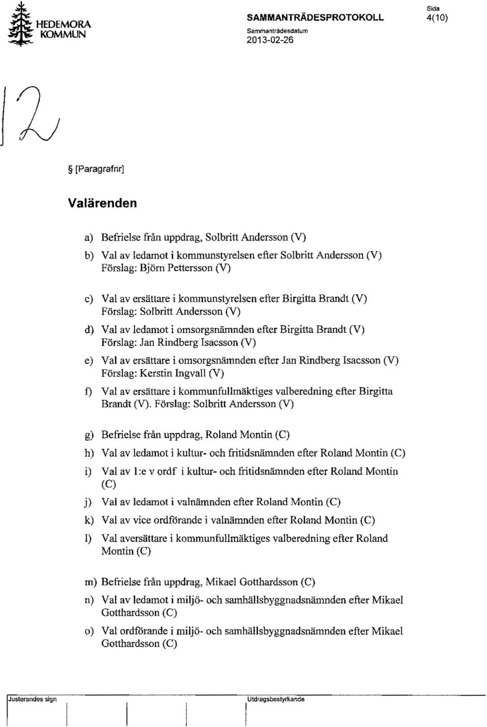 Isacsson (V) e) Val av ersättare i omsorgsnärnnden efter Jan Rindberg Isacsson (V) Förslag: Kerstin Ingvall ev) f) Val av ersättare i kommunfullmäktiges valberedning efter Birgitta Brandt (V).