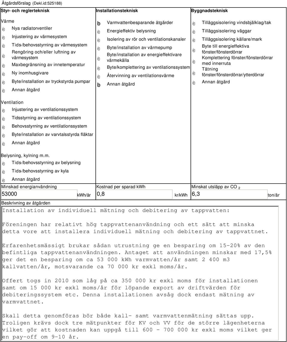 värmesystem Maxbegränsning av innetemperatur Ny inomhusgivare Byte/installation av tryckstyrda pumpar b b Varmvattenbesparande åtgärder Energieffektiv belysning Isolering av rör och