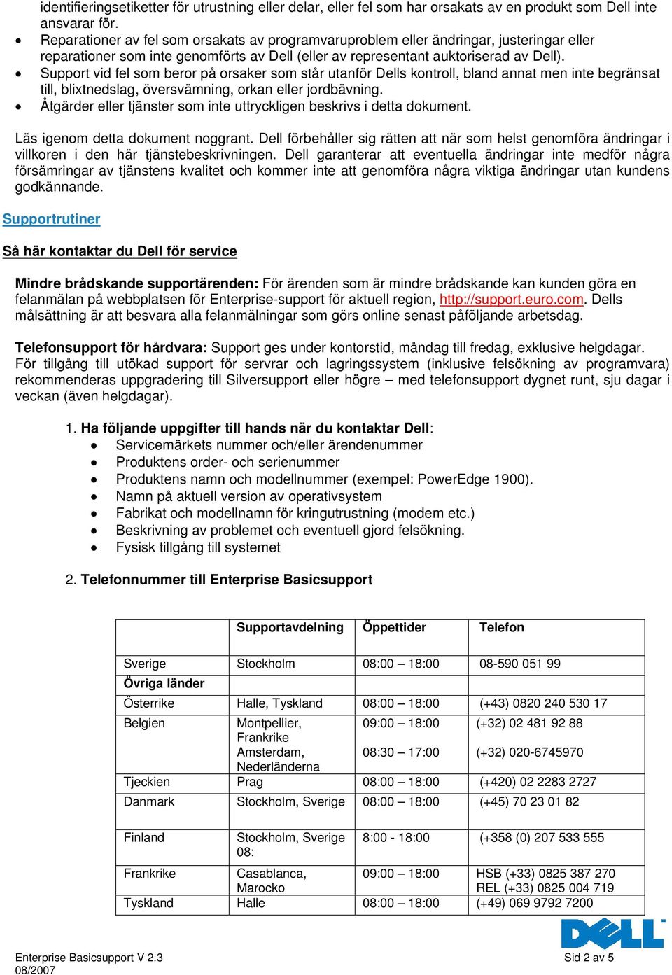 Support vid fel som beror på orsaker som står utanför Dells kontroll, bland annat men inte begränsat till, blixtnedslag, översvämning, orkan eller jordbävning.