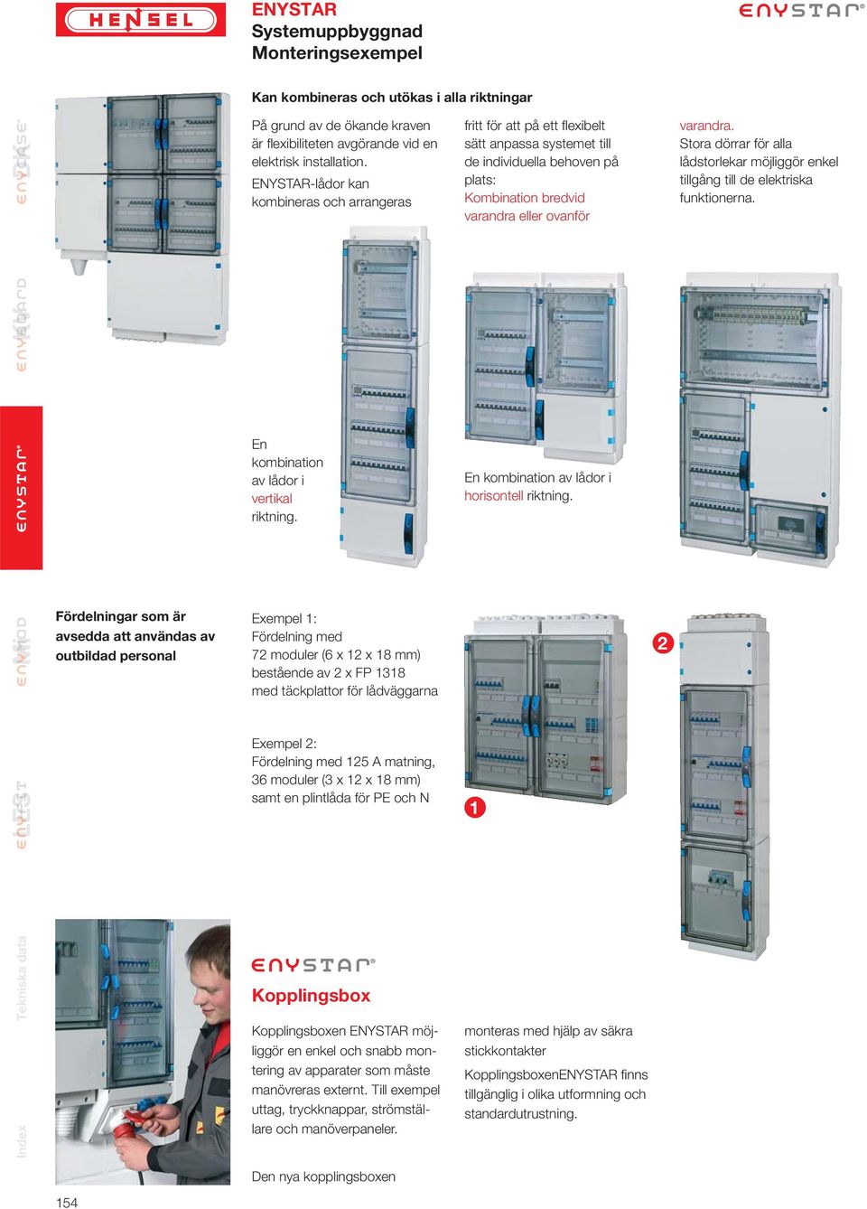 Exempel 1: Fördelning med 7 moduler (6 x 1 x 18 mm) bestående av x FP 1318 med täckplattor för lådväggarna Exempel : Fördelning med 1 A matning, 36 moduler (3 x 1 x 18 mm) samt en plintlåda för PE