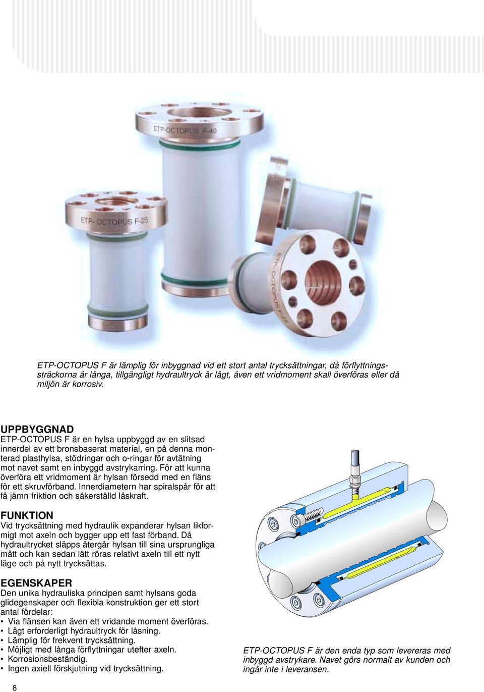 UPPBYGGNAD ETP-OCTOPUS F är en hylsa uppyggd av en slitsad innerdel av ett ronsaserat material, en på denna monterad plasthylsa, stödringar och o-ringar för avtätning mot navet samt en inyggd