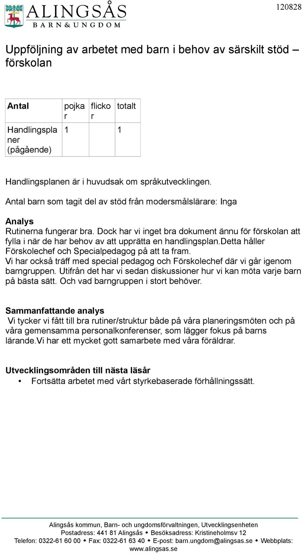 Dock har vi inget bra dokument ännu för förskolan att fylla i när de har behov av att upprätta en handlingsplan.detta håller Förskolechef och Specialpedagog på att ta fram.