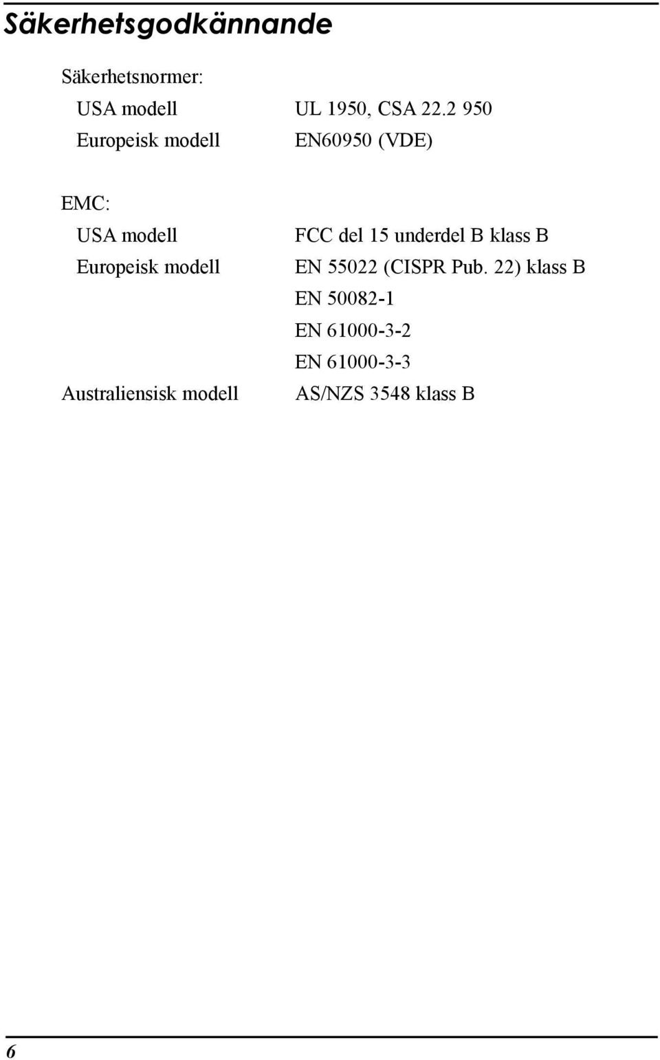 Australiensisk modell FCC del 15 underdel B klass B EN 55022 (CISPR