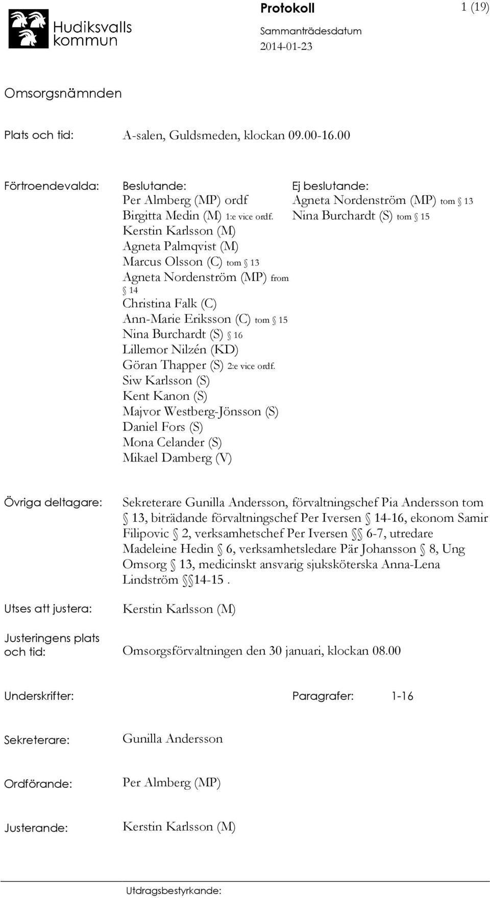 Nina Burchardt (S) tom 15 Kerstin Karlsson (M) Agneta Palmqvist (M) Marcus Olsson (C) tom 13 Agneta Nordenström (MP) from 14 Christina Falk (C) Ann-Marie Eriksson (C) tom 15 Nina Burchardt (S) 16