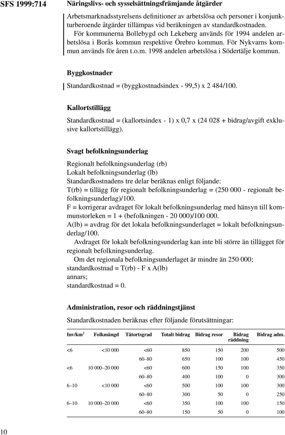 Byggkostnader Standardkostnad = (byggkostnadsindex - 99,5) x 2 484/100. Kallortstillägg Standardkostnad = (kallortsindex - 1) x 0,7 x (24 028 + bidrag/avgift exklusive kallortstillägg).