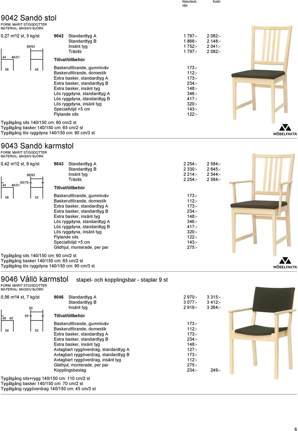 88/93 Insänt tyg 2 214:- 2 544:- Träsits 2 254:- 2 584:- 65/70 44 46/51 56 53 Tygåtgång basker 140/150 cm: 65 cm/2 st Lös ryggdyna, insänt tyg 320:- Flytande sits 122:- Specialhöjd +5 cm 143:-