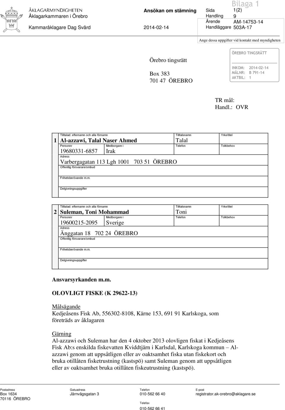 : OVR Tilltalad: efternamn och alla förnamn Tilltalsnamn Yrke/titel 1 Al-azzawi, Talal Naser Ahmed Talal Personnr Medborgare i Telefon Tolkbehov 19680331-6857 Irak Adress Varbergagatan 113 Lgh 1001