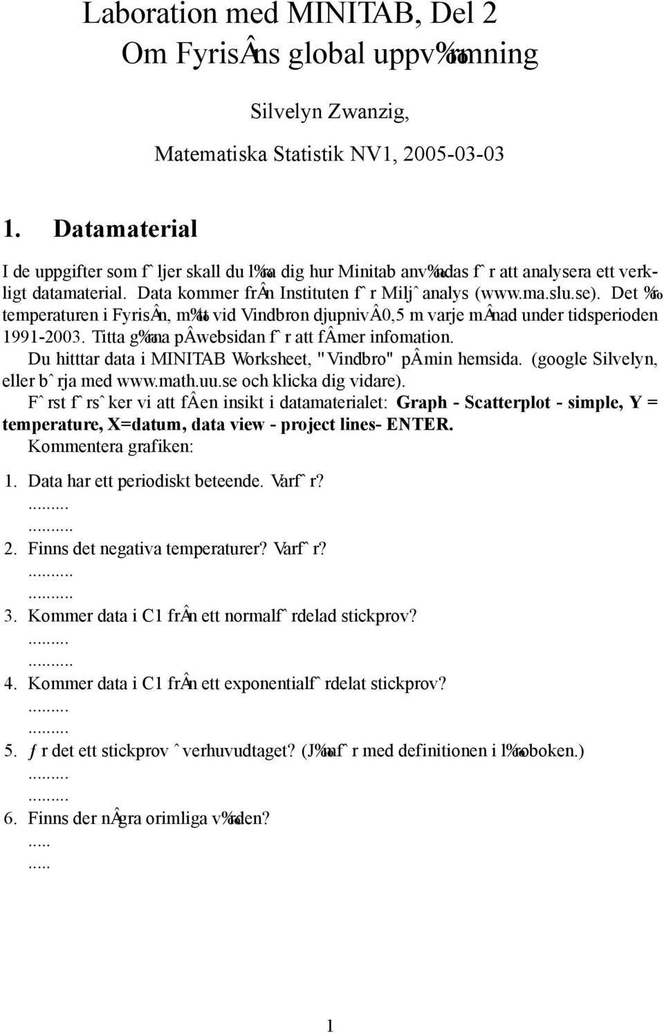 Det r temperaturen i Fyris n, m tt vid Vindbron djupniv 0,5 m varje m nad under tidsperioden 1991-2003. Titta g rna p websidan f r att f mer infomation.