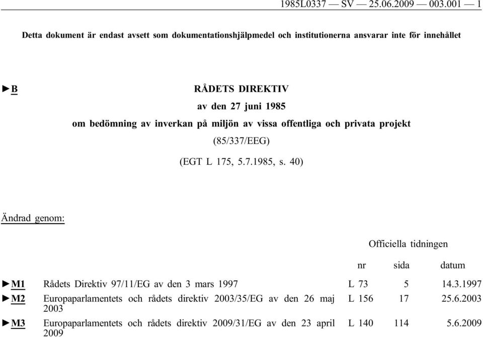 1985 om bedömning av inverkan på miljön av vissa offentliga och privata projekt (85/337/EEG) (EGT L 175, 5.7.1985, s.