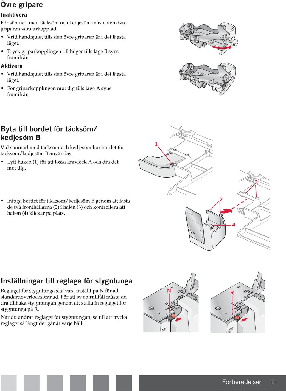 B A Byta till bordet för täcksöm/ kedjesöm B Vid sömnad med täcksöm och kedjesöm bör bordet för täcksöm/kedjesöm B användas. Lyft haken () för att lossa knivlock A och dra det mot dig.