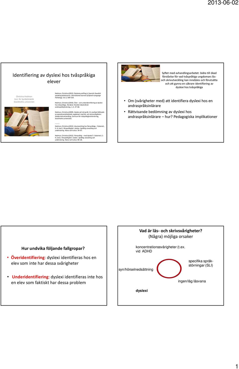 Dyslexia profiling in Spanish-Swedish speaking adolescents. International Journal of Speech-Language Pathology. 14, 6, 509 519. Hedman, Christina (2010).