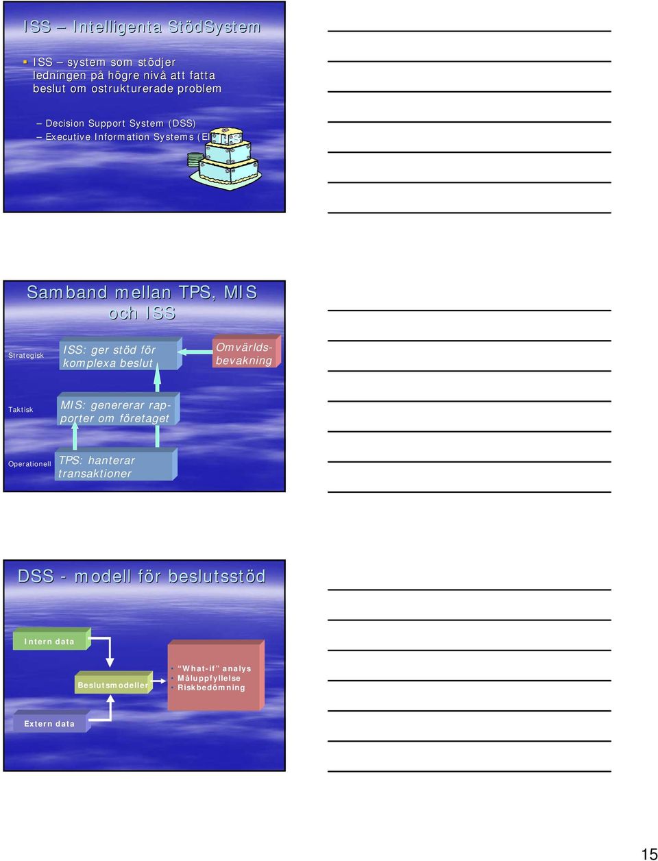 stöd för komplexa beslut Omvärldsbevakning Taktisk MIS: genererar rapporter om företaget Operationell TPS: hanterar