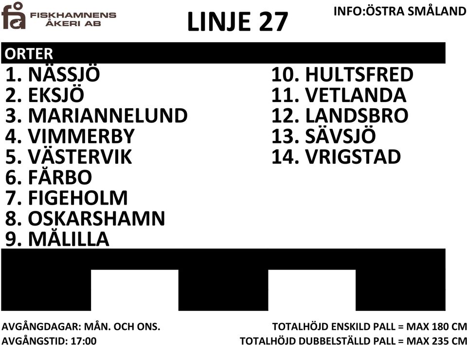 VIMMERBY 13. SÄVSJÖ 5. VÄSTERVIK 14. VRIGSTAD 6. FÅRBO 7.