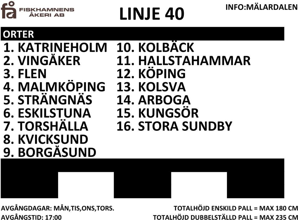 STRÄNGNÄS 14. ARBOGA 6. ESKILSTUNA 15. KUNGSÖR 7. TORSHÄLLA 16.