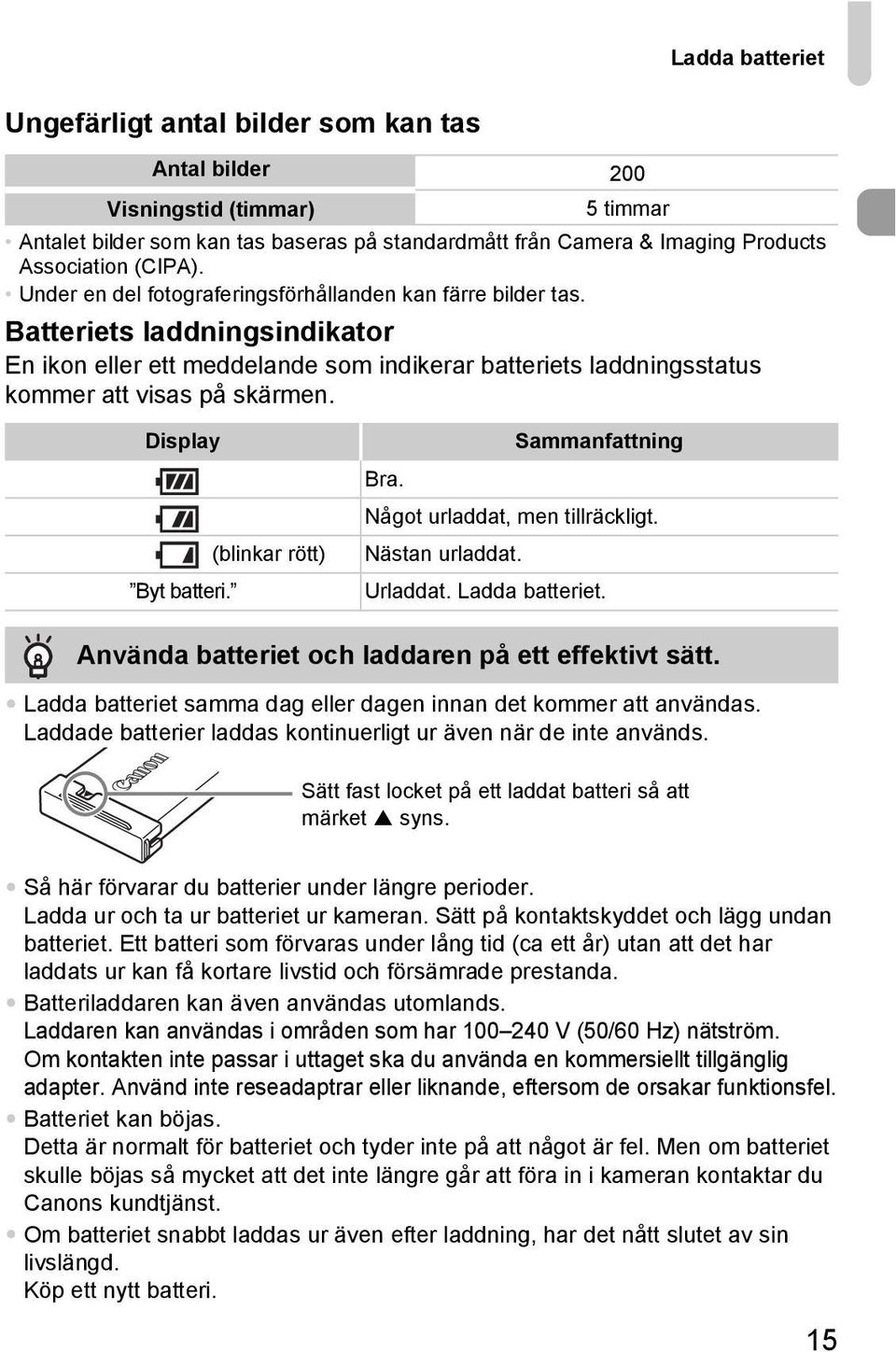 Display (blinkar rött) Byt batteri. Sammanfattning Bra. Något urladdat, men tillräckligt. Nästan urladdat. Urladdat. Ladda batteriet. Använda batteriet och laddaren på ett effektivt sätt.