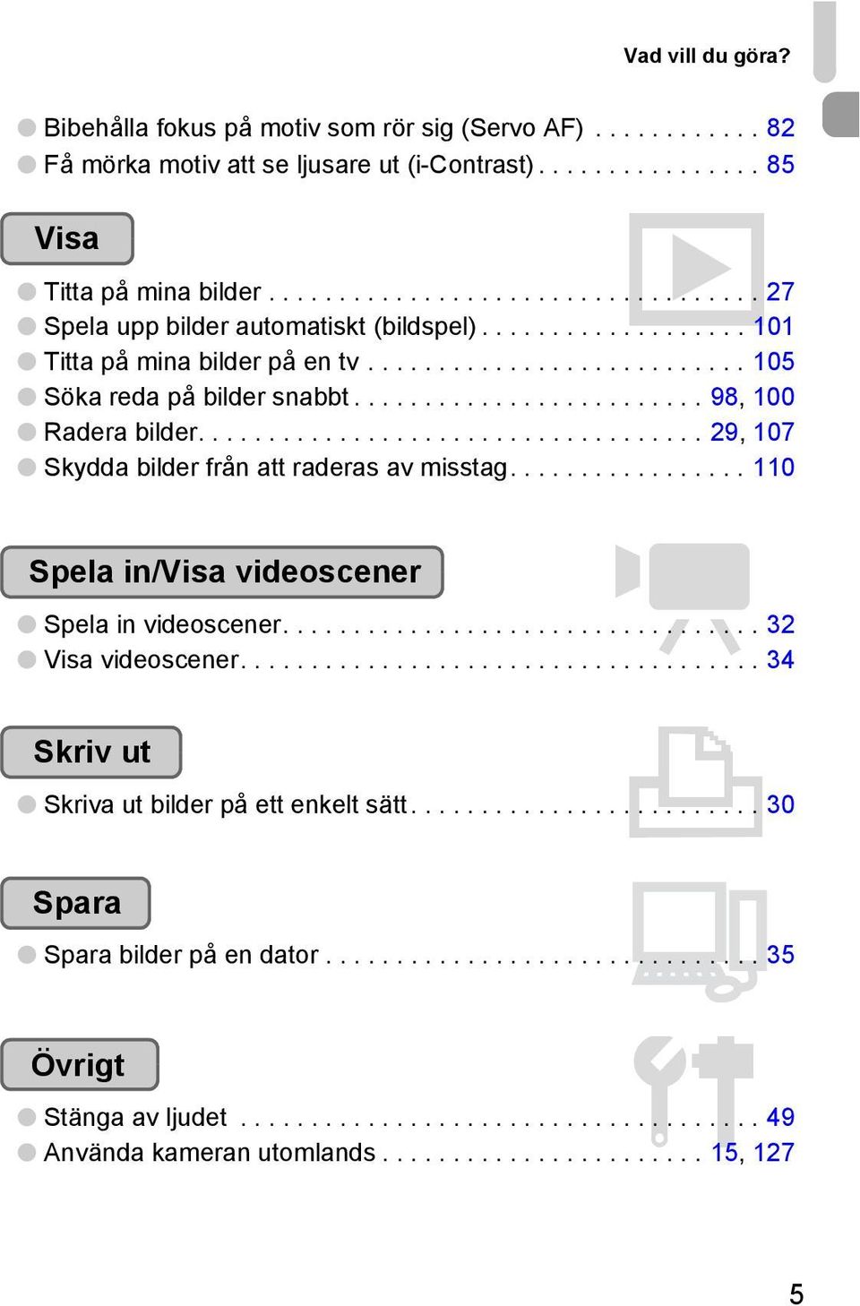 ........................ 98, 100 Radera bilder.................................... 29, 107 Skydda bilder från att raderas av misstag................. 110 Spela in/visa videoscener E Spela in videoscener.