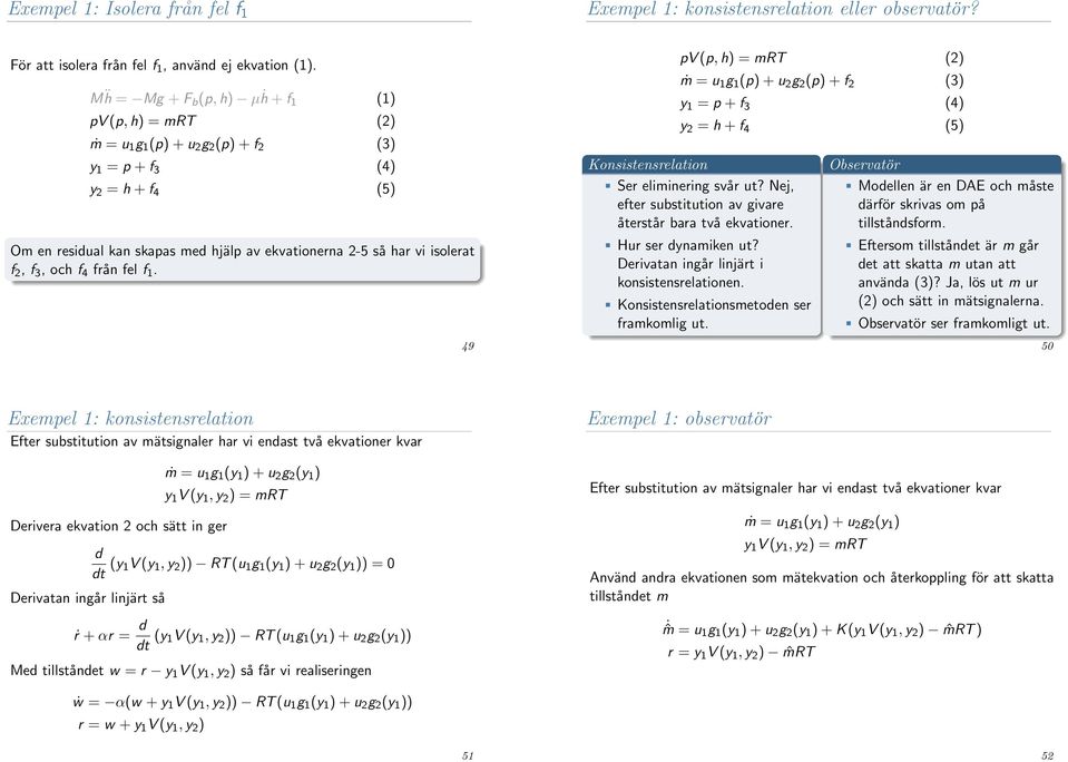 isolerat f 2, f 3, och f 4 från fel f 1. 49 pv (p, h) = mrt (2) ṁ = u 1 g 1 (p) + u 2 g 2 (p) + f 2 (3) y 1 = p + f 3 (4) y 2 = h + f 4 (5) Konsistensrelation Ser eliminering svår ut?