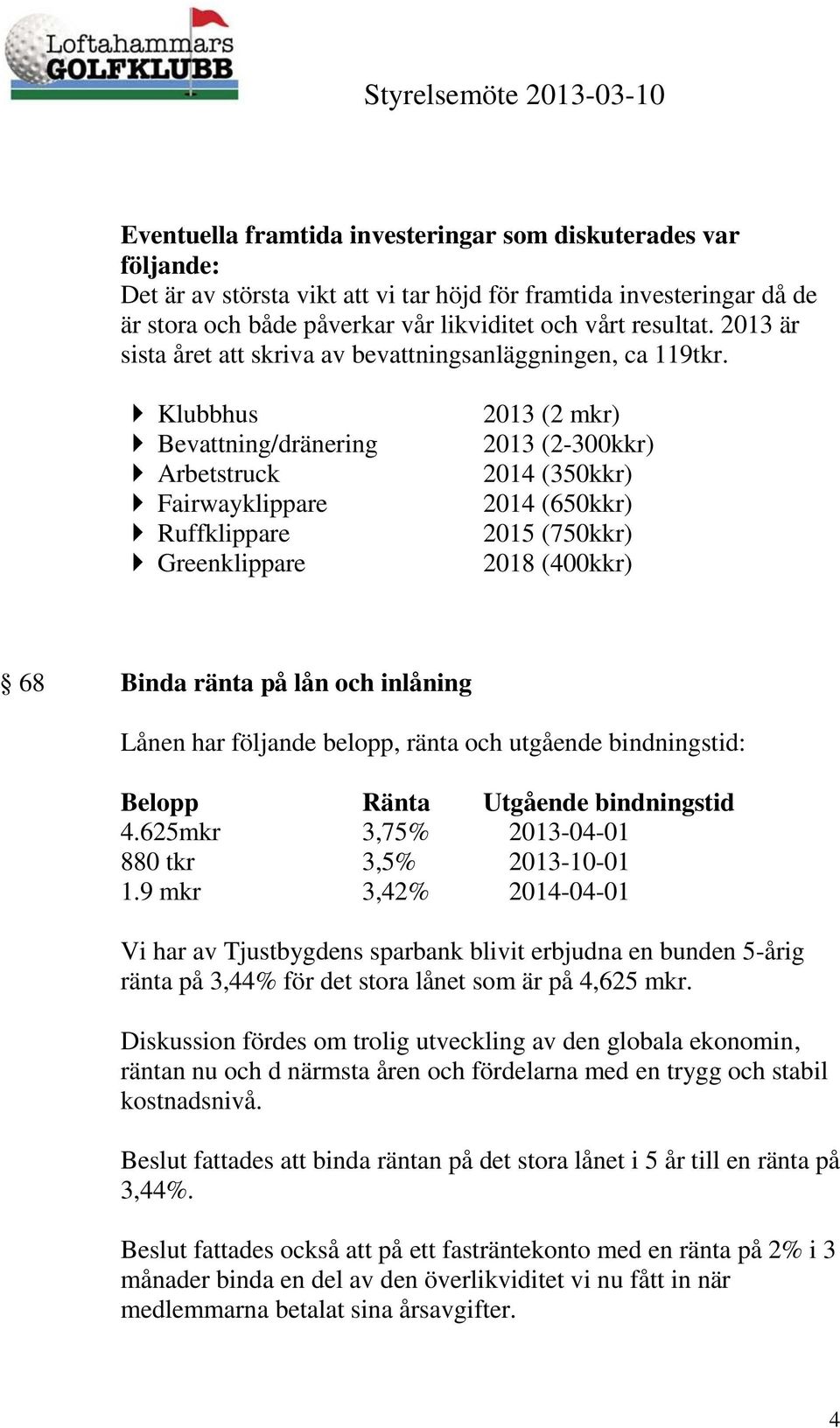 Klubbhus Bevattning/dränering Arbetstruck Fairwayklippare Ruffklippare Greenklippare 2013 (2 mkr) 2013 (2-300kkr) 2014 (350kkr) 2014 (650kkr) 2015 (750kkr) 2018 (400kkr) 68 Binda ränta på lån och