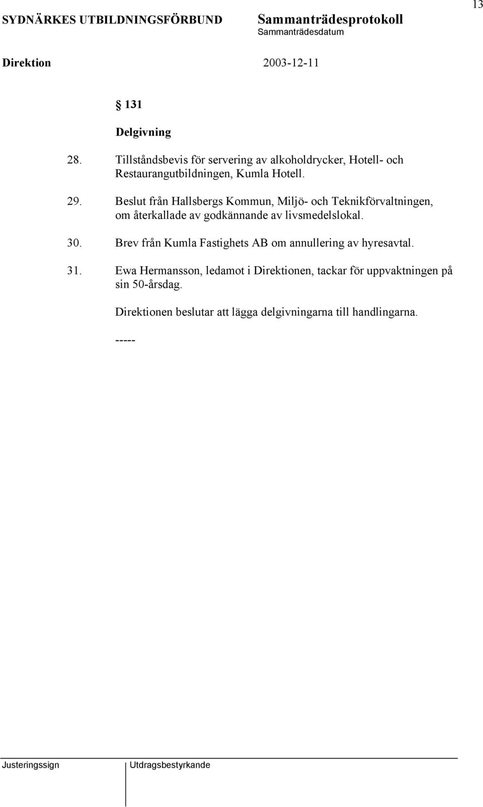 Beslut från Hallsbergs Kommun, Miljö- och Teknikförvaltningen, om återkallade av godkännande av livsmedelslokal.