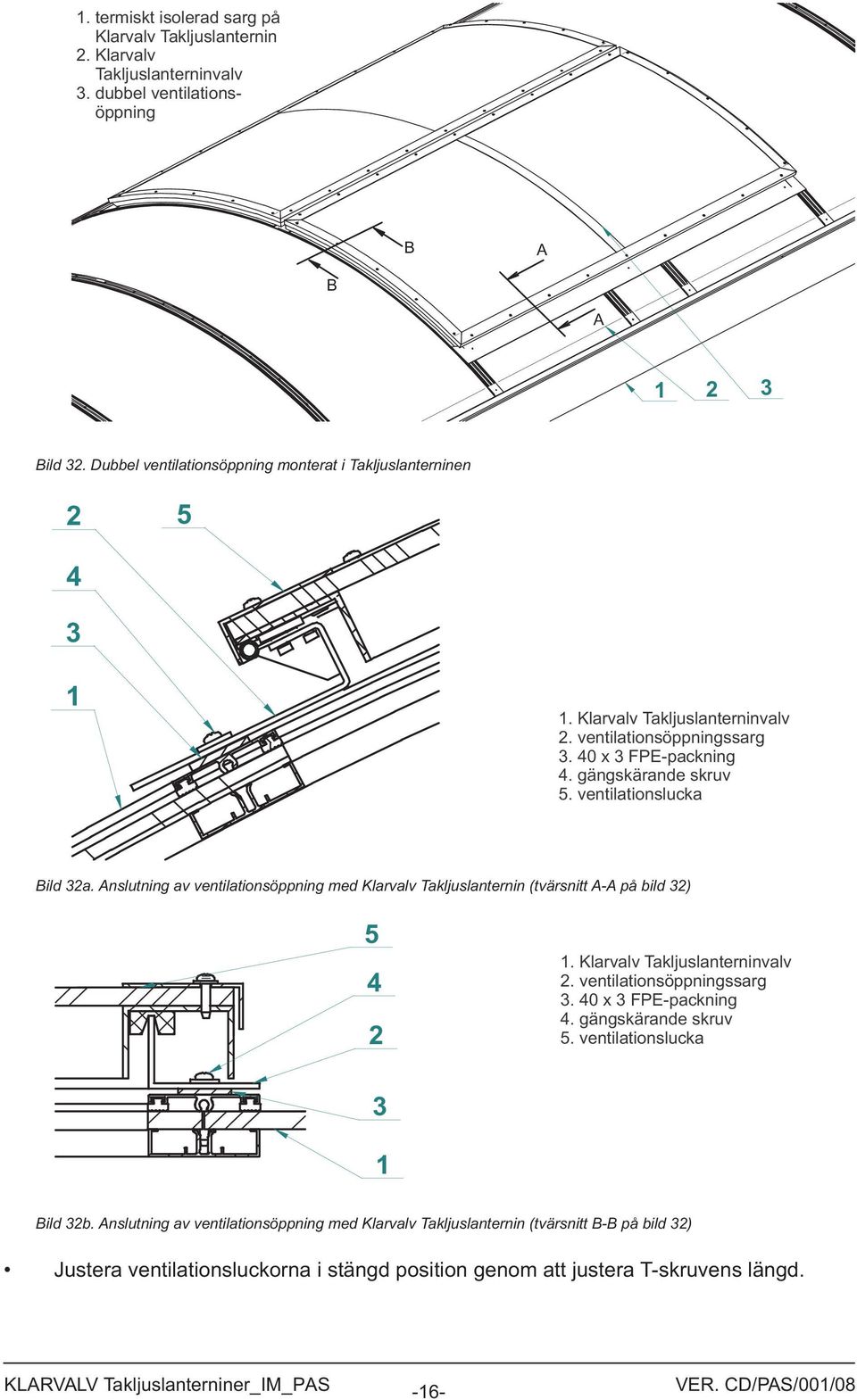 Anslutning av ventilationsöppning med Klarvalv Takljuslanternin (tvärsnitt A-A på bild ). Klarvalv Takljuslanterninvalv. ventilationsöppningssarg. 0 x FPE-packning.
