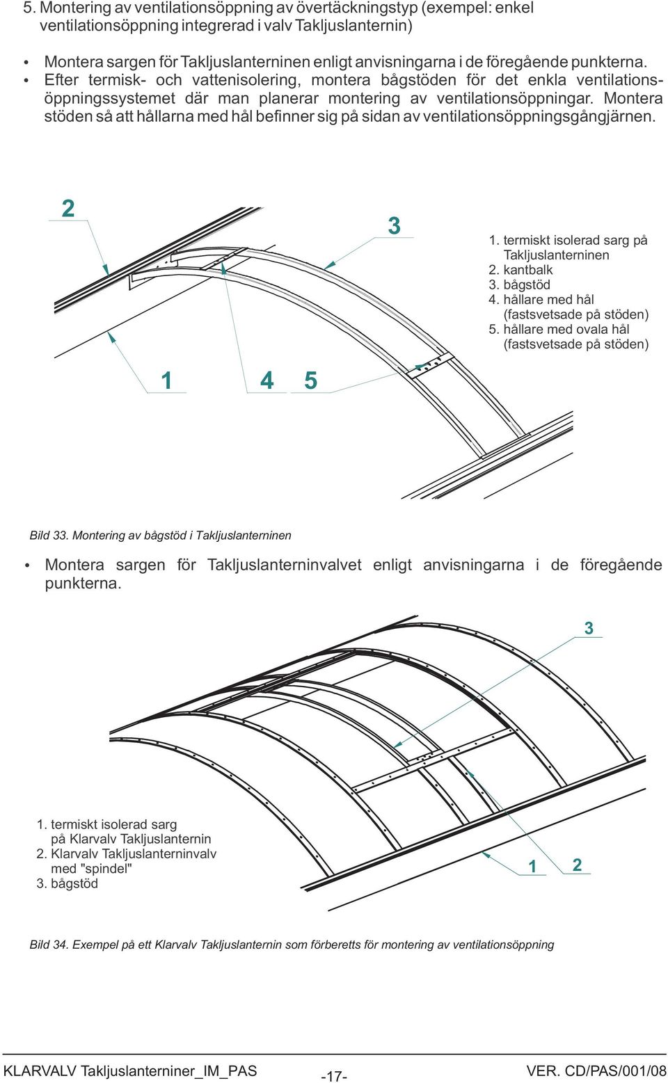 Montera stöden så att hållarna med hål befinner sig på sidan av ventilationsöppningsgångjärnen.. termiskt isolerad sarg på Takljuslanterninen. kantbalk. bågstöd.