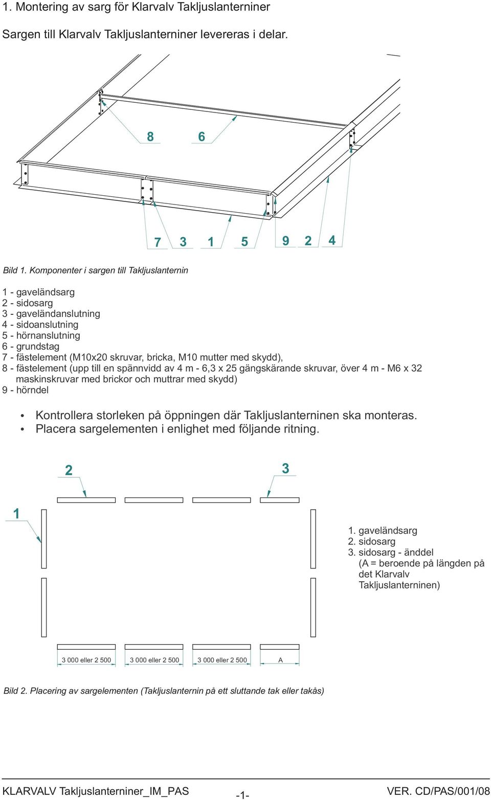 8 - fästelement (upp till en spännvidd av m - 6, x gängskärande skruvar, över m - M6 x maskinskruvar med brickor och muttrar med skydd) 9 - hörndel Kontrollera storleken på öppningen där