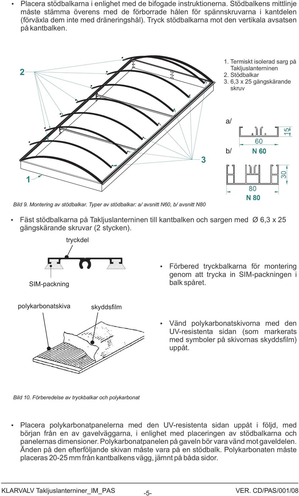 . Termiskt isolerad sarg på Takljuslanterninen. Stödbalkar. 6, x gängskärande skruv a/ b/ Bild 9. Montering av stödbalkar.