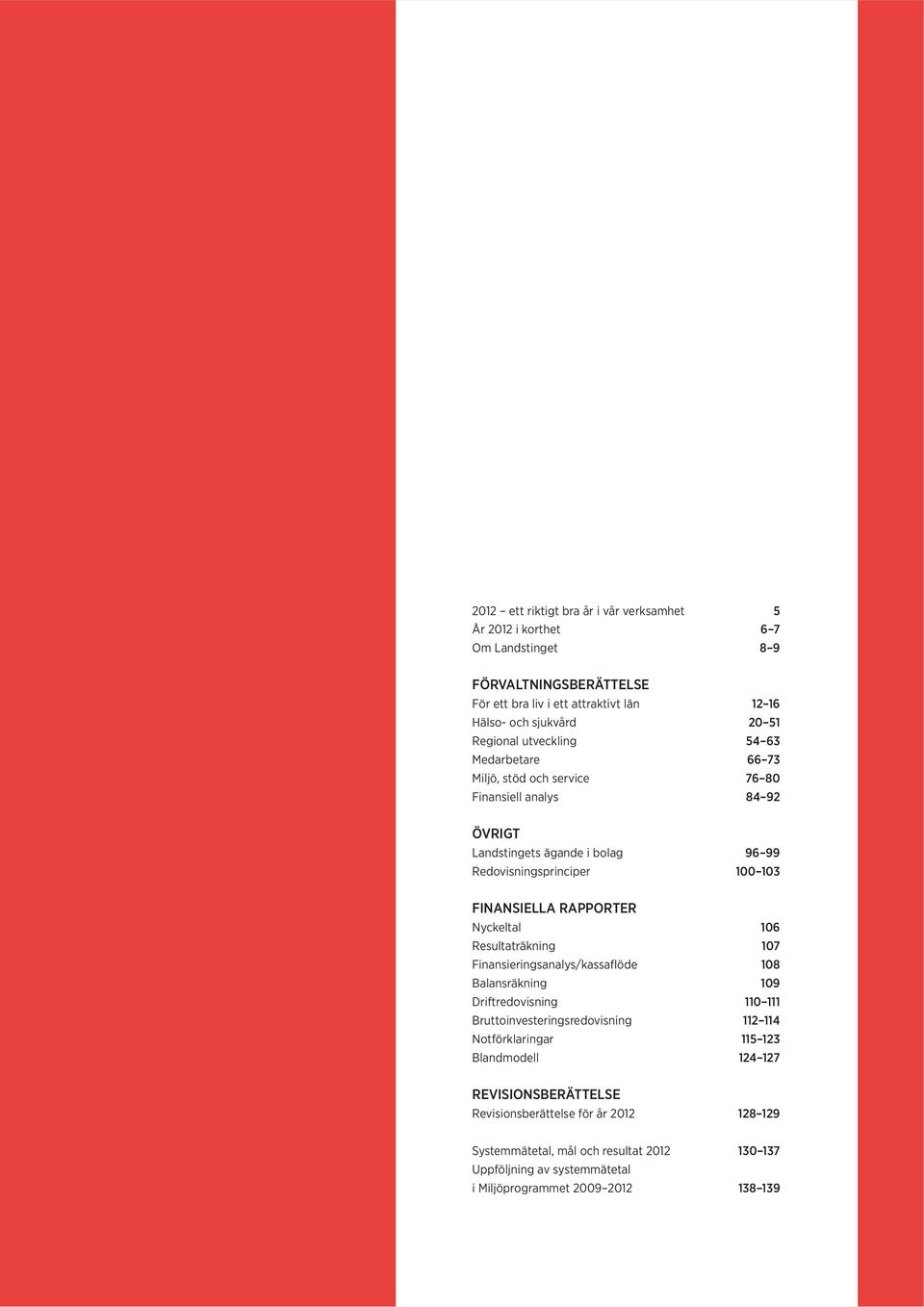 RAPPORTER Nyckeltal 106 Resultaträkning 107 Finansieringsanalys/kassaflöde 108 Balansräkning 109 Driftredovisning 110 111 Bruttoinvesteringsredovisning 112 114 Notförklaringar 115