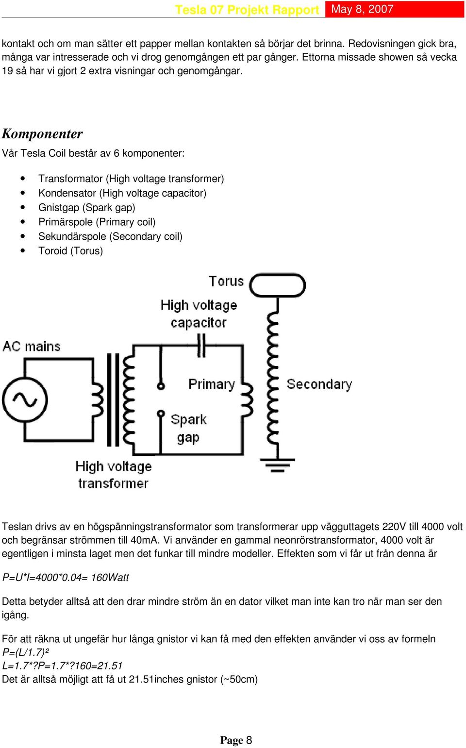 Komponenter Vår Tesla Coil består av 6 komponenter: Transformator (High voltage transformer) Kondensator (High voltage capacitor) Gnistgap (Spark gap) Primärspole (Primary coil) Sekundärspole
