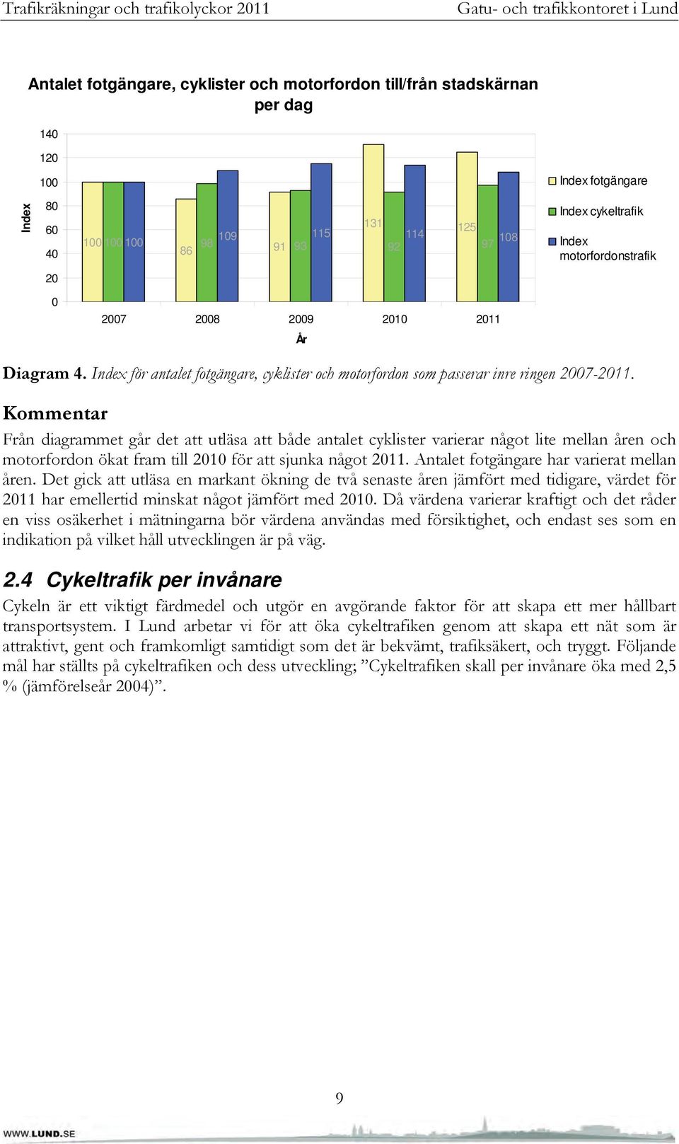 Kommentar Från diagrammet går det att utläsa att både antalet cyklister varierar något lite mellan åren och motorfordon ökat fram till 2010 för att sjunka något 2011.