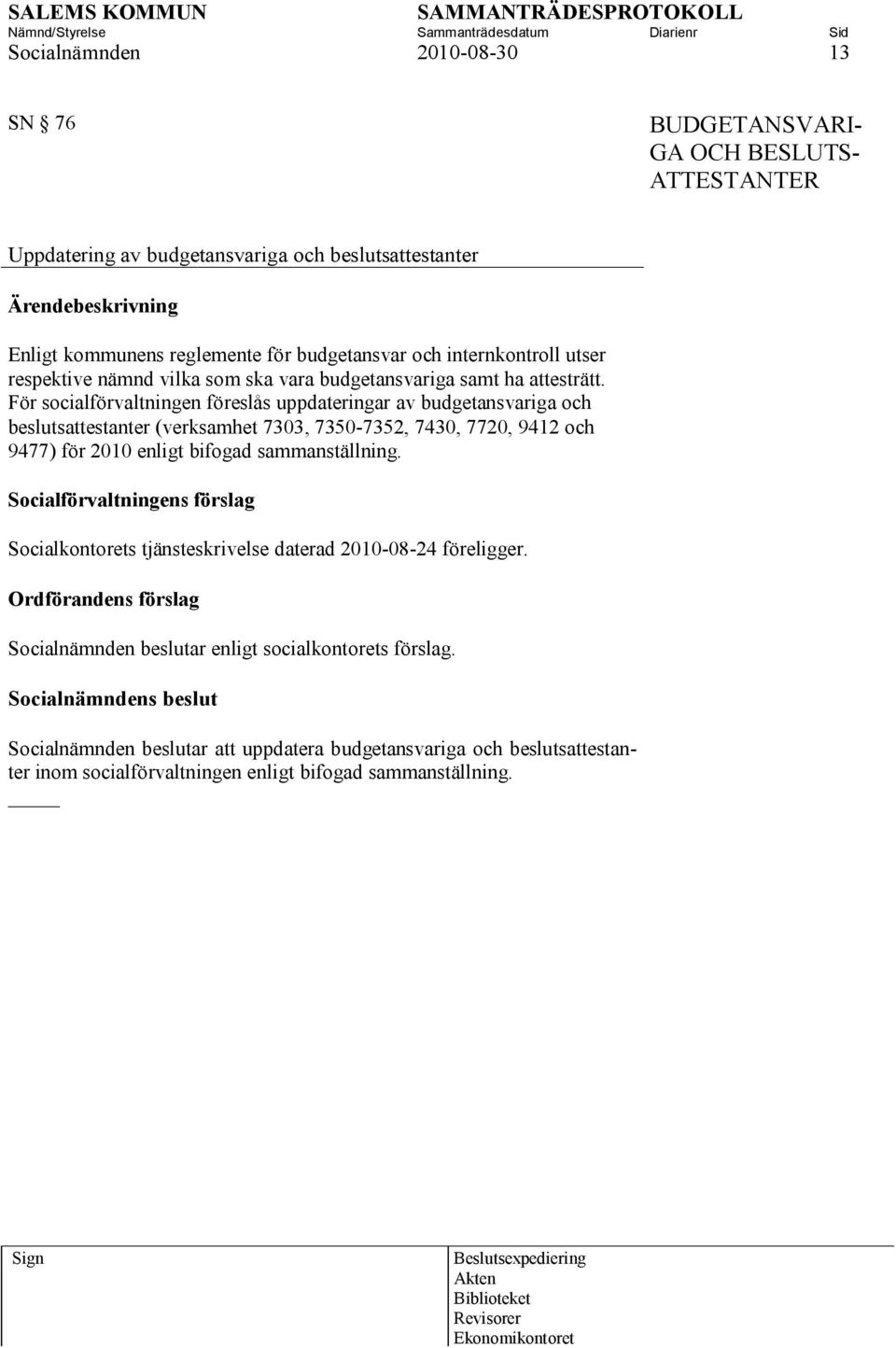 För socialförvaltningen föreslås uppdateringar av budgetansvariga och beslutsattestanter (verksamhet 7303, 7350-7352, 7430, 7720, 9412 och 9477) för 2010 enligt