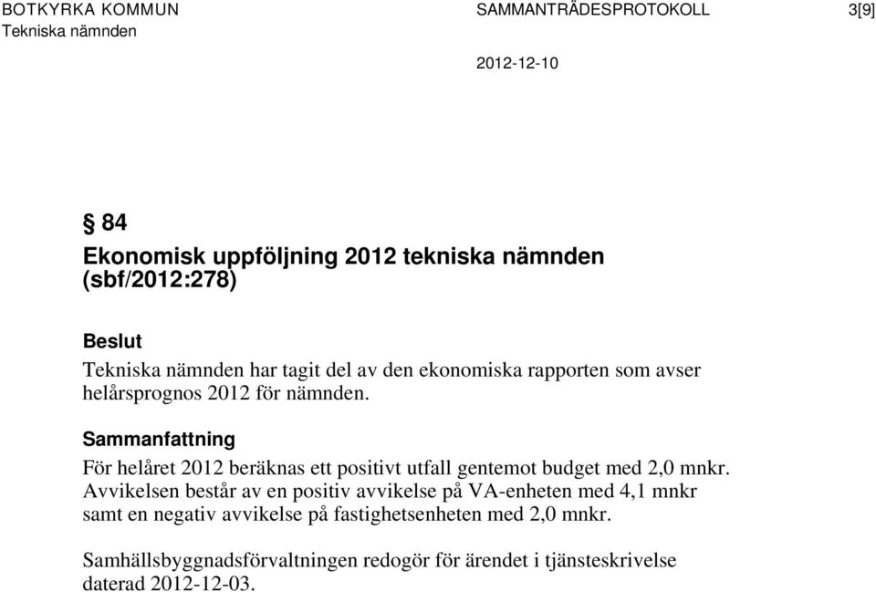 Sammanfattning För helåret 2012 beräknas ett positivt utfall gentemot budget med 2,0 mnkr.