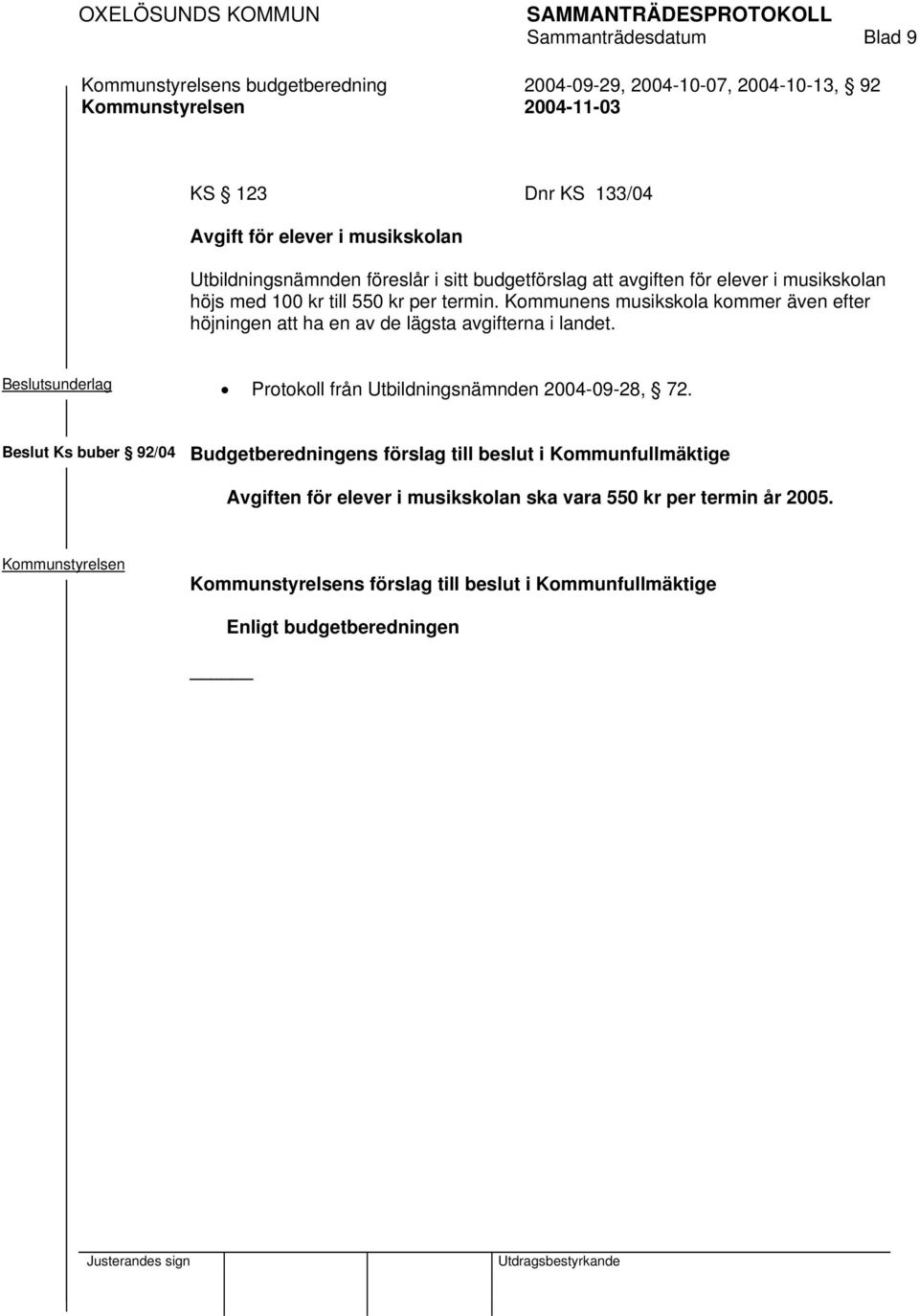 Kommunens musikskola kommer även efter höjningen att ha en av de lägsta avgifterna i landet. Beslutsunderlag Protokoll från Utbildningsnämnden 2004-09-28, 72.