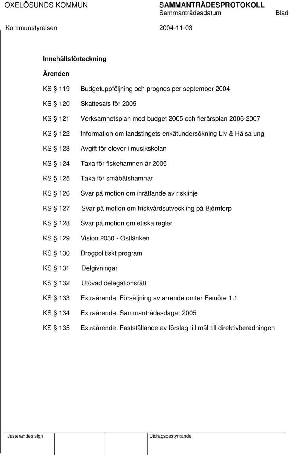 Taxa för småbåtshamnar Svar på motion om inrättande av risklinje Svar på motion om friskvårdsutveckling på Björntorp Svar på motion om etiska regler Vision 2030 - Ostlänken Drogpolitiskt program