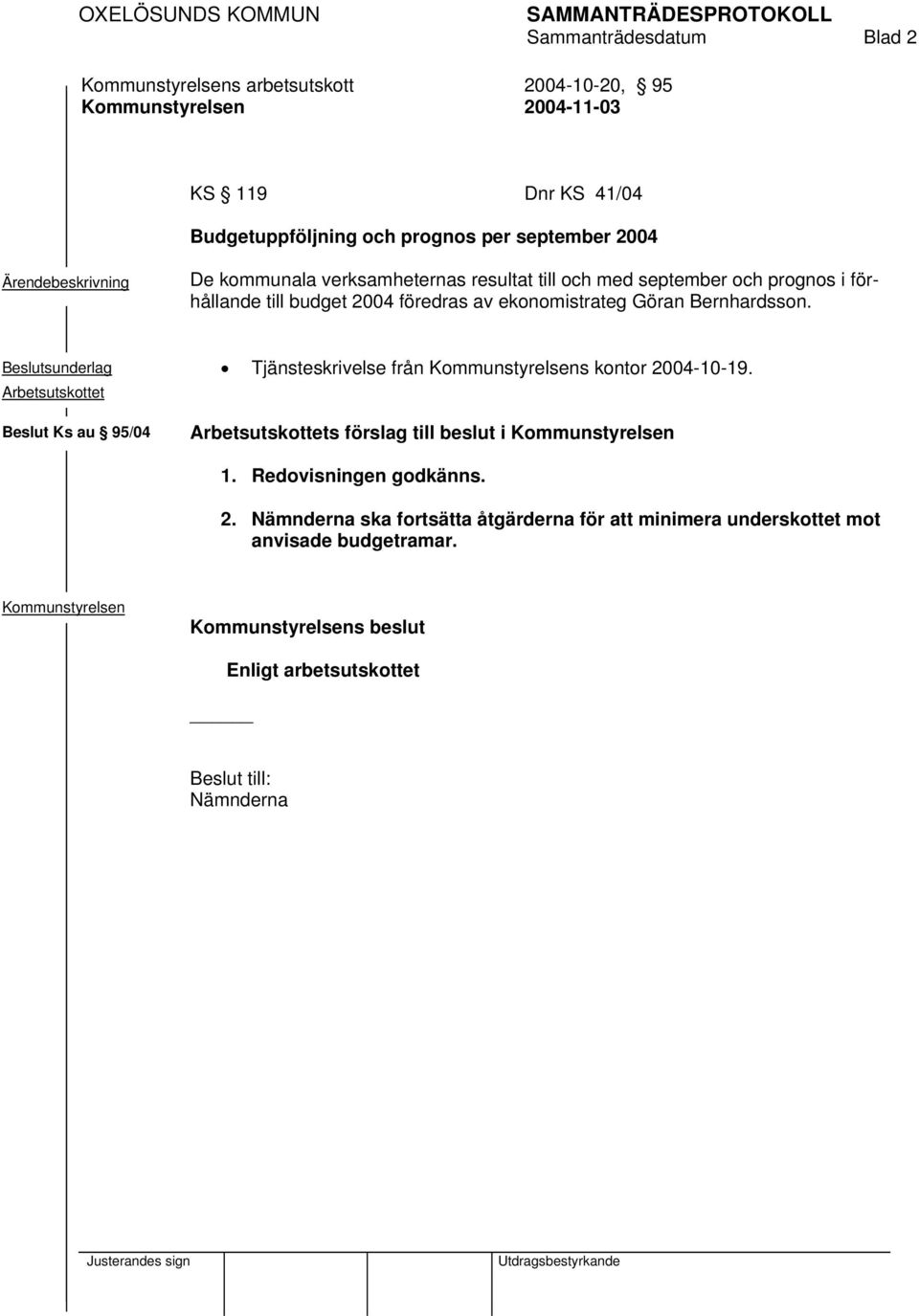 Beslutsunderlag Arbetsutskottet Beslut Ks au 95/04 Tjänsteskrivelse från s kontor 2004-10-19. Arbetsutskottets förslag till beslut i 1.