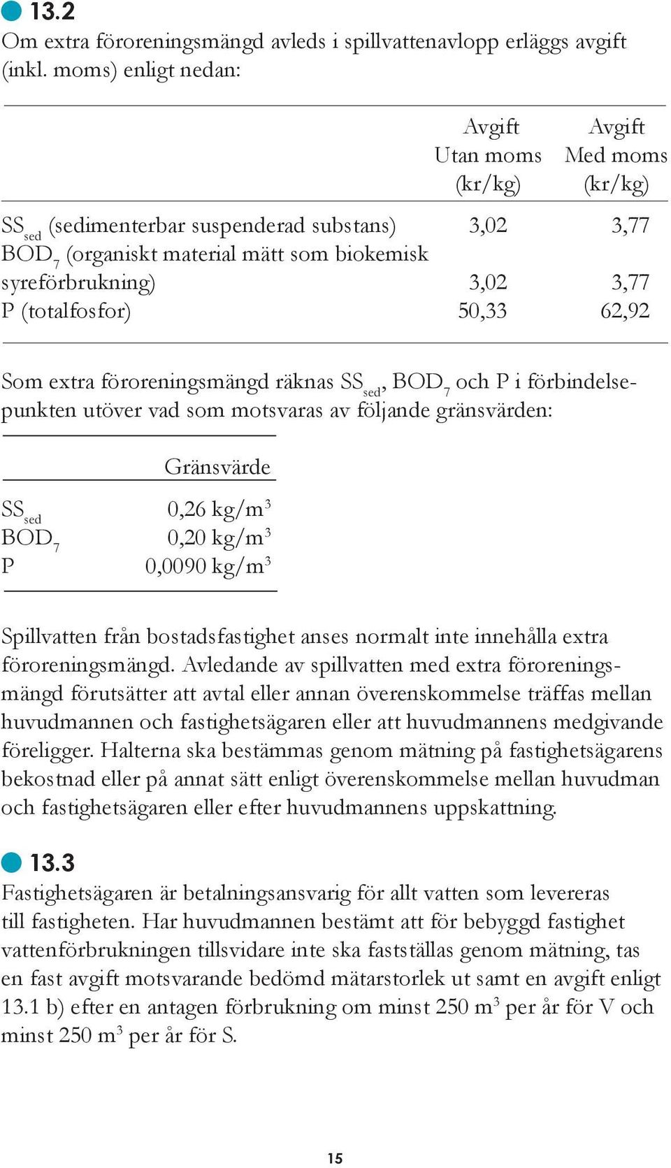 (totalfosfor) 50,33 62,92 Som extra föroreningsmängd räknas SS sed, BOD 7 och P i förbindelsepunkten utöver vad som motsvaras av följande gränsvärden: Gränsvärde SS sed 0,26 kg/m 3 BOD 7 0,20 kg/m 3