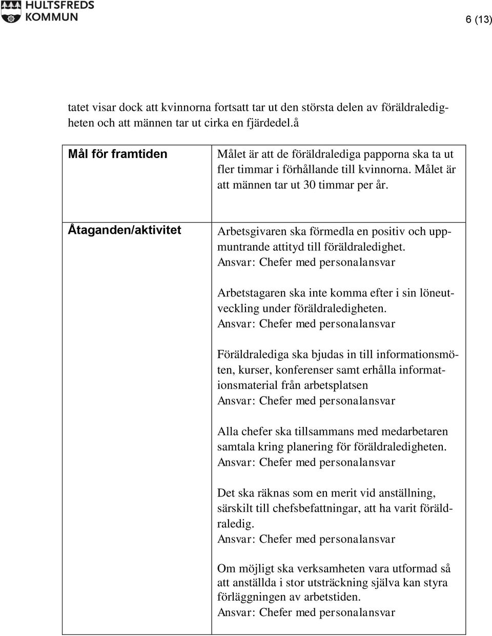 Åtaganden/aktivitet Arbetsgivaren ska förmedla en positiv och uppmuntrande attityd till föräldraledighet. Arbetstagaren ska inte komma efter i sin löneutveckling under föräldraledigheten.