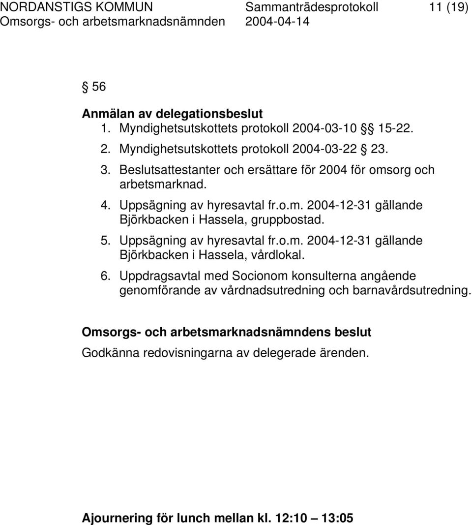 Uppsägning av hyresavtal fr.o.m. 2004-12-31 gällande Björkbacken i Hassela, gruppbostad. 5. Uppsägning av hyresavtal fr.o.m. 2004-12-31 gällande Björkbacken i Hassela, vårdlokal.