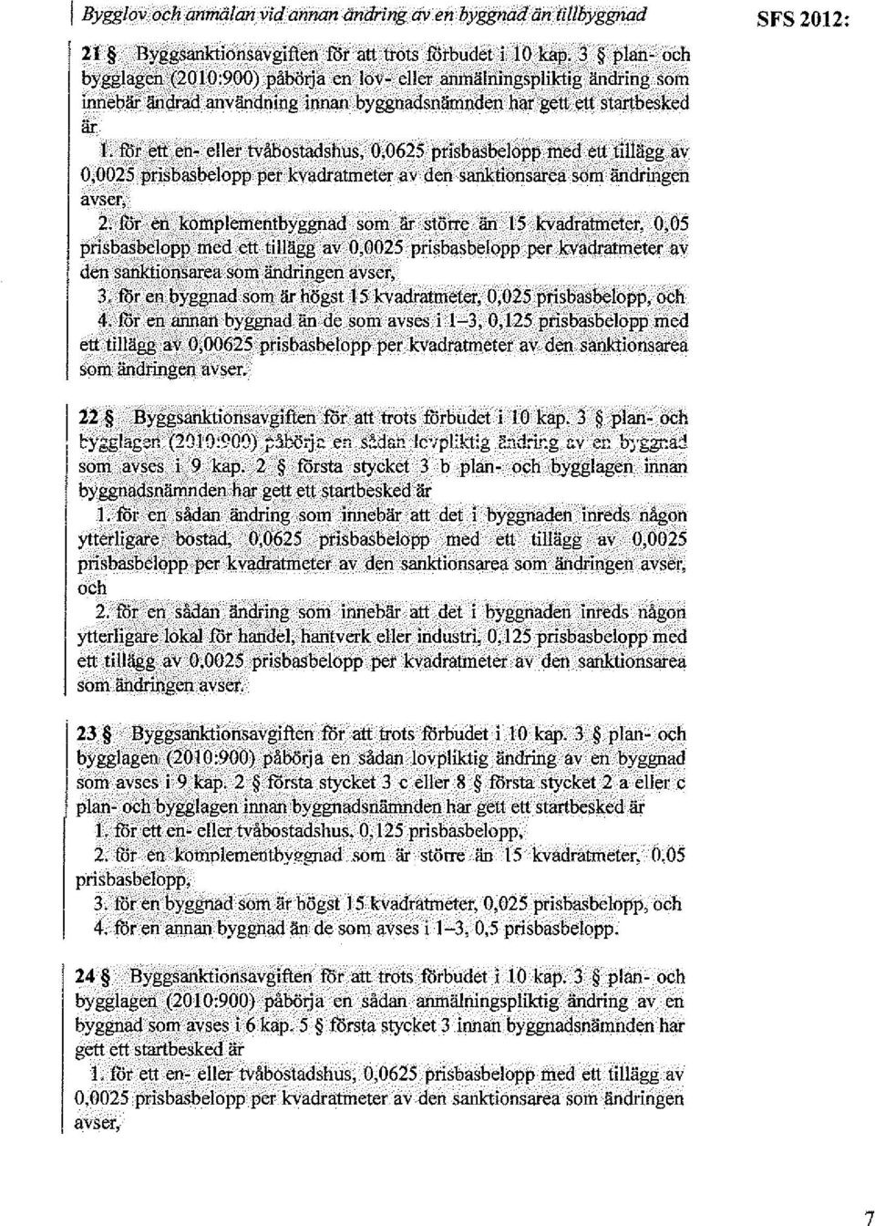 för ett en- eller tvåbostadshus, 0;0625 prisbasbelopp med ett tillägg av 0,0025 prisbasbelopp pet kvadratmeter av den sanktionsarea som ändringen avser, 2.