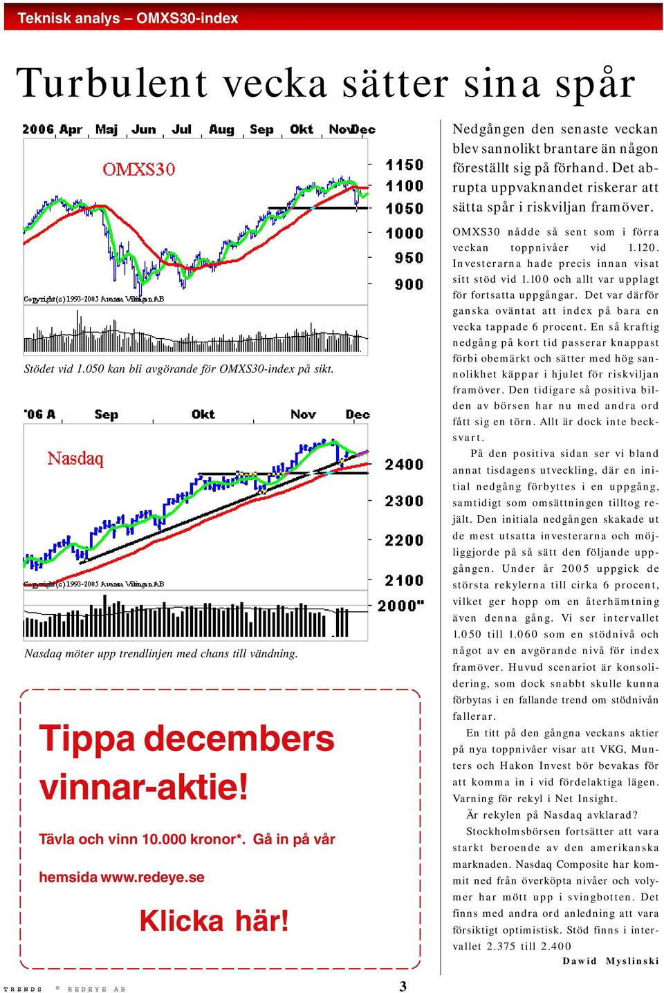 Tippa decembers vinnar-aktie! Tävla och vinn 10.000 kronor*. Gå in på vår hemsida www.redeye.se Klicka här! OMXS30 nådde så sent som i förra veckan toppnivåer vid 1.120.