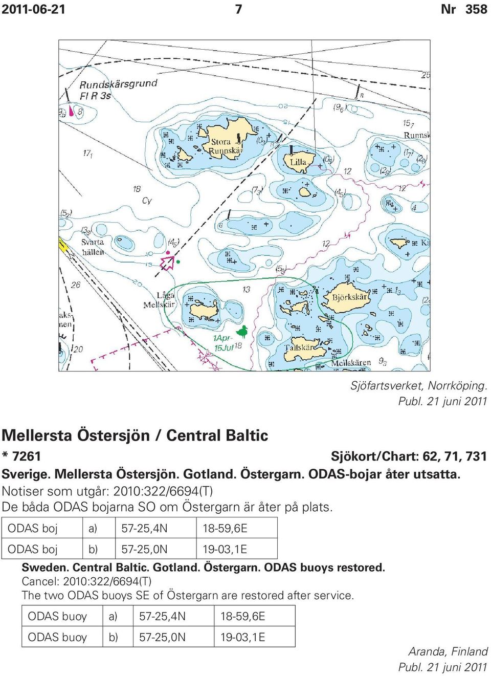 Notiser som utgår: 2010:322/6694(T) De båda ODAS bojarna SO om Östergarn är åter på plats.